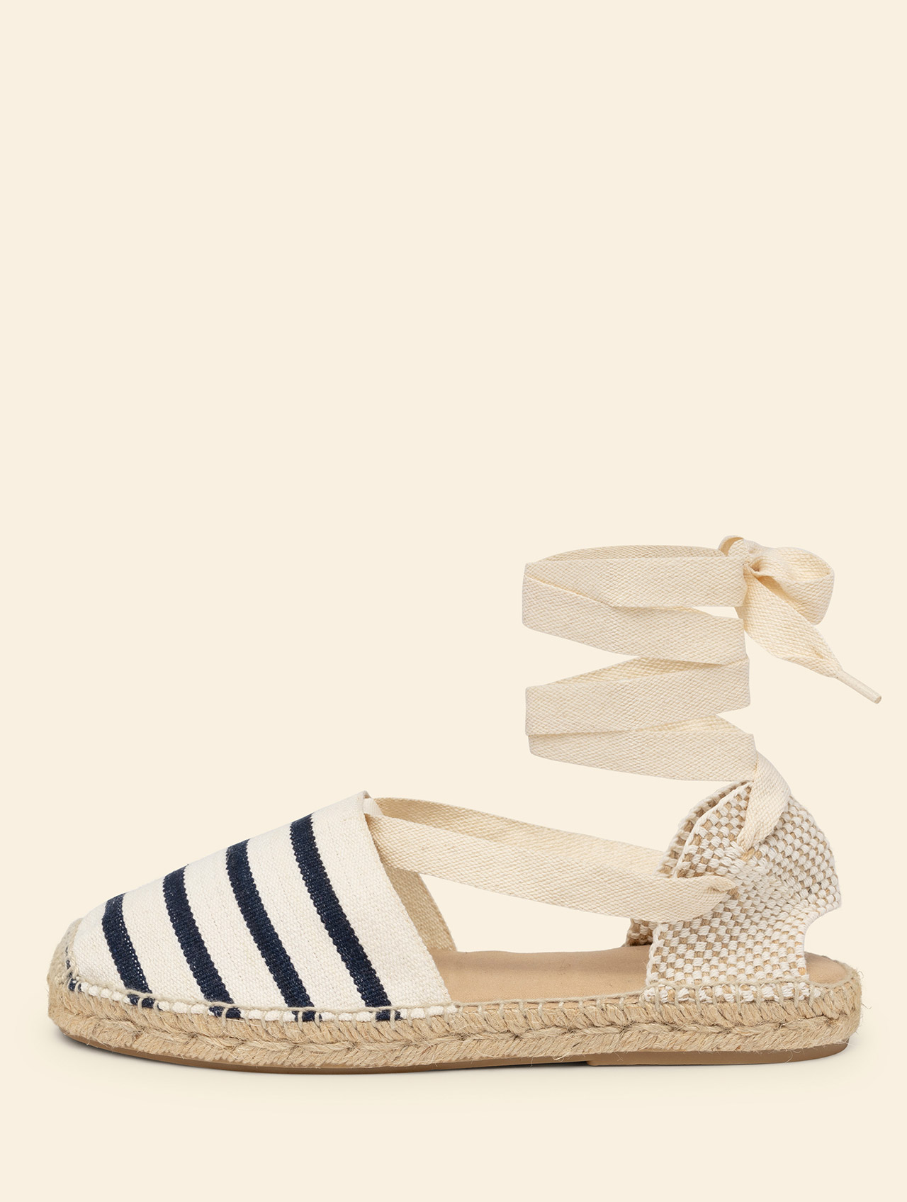 Woman flat espadrille valenciana stripes ivory and navy. Lace up flat espadrille