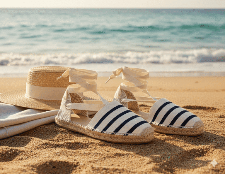 Alpargata plana Valenciana mujer con cintas, hecha a mano en Barcelona, sobre la arena de la playa