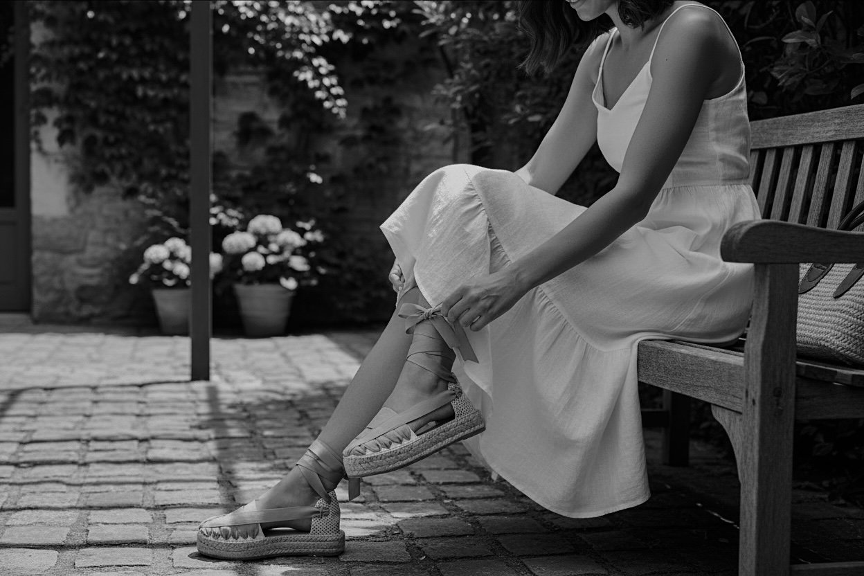 Woman wearing handcrafted espadrilles in Barcelona - authentic Mediterranean craftsmanship sinse 1940